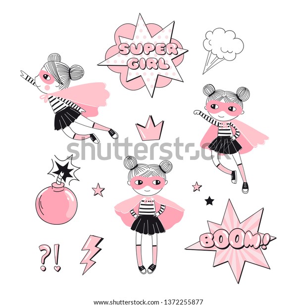 Cartoon Supergirl characters and elements set. Girlish Pink Super Hero ...