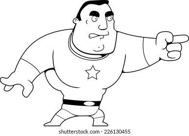 A cartoon superhero angry and pointing.