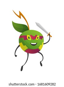Cartoon superhero apple. Fruit in mask and with