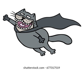 Cartoon superhero bat cat in a mask is flying to save humanity. Funny cool warrior character. Isolated vector illustration