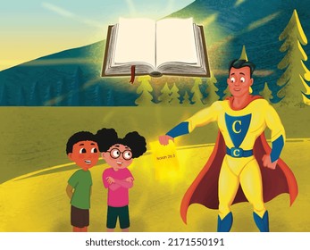 Cartoon-Superheld und Buch-Vektordesign, mit buntem Hintergrund