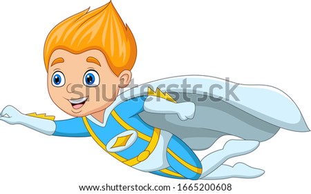 Cartoon superhero boy flying on white background