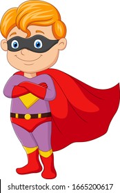 Niño superhéroe de caricatura posando aislado de fondo blanco