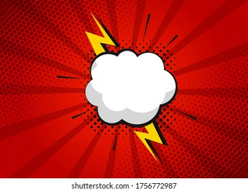 Cartoon superhero bubble dialog scenes and sound effect on red background. Vector funny comics scrapbook page with cloud and speech bubble. Comic page layout. Symbols and sound effects.