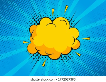 Escenas de diálogo sobre la burbuja de superhéroes en el fondo azul. Página de recortes de cómics vectoriales con burbuja de voz y nube. Diseño de página de historietas. Símbolos y efectos sonoros.