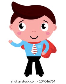 Cartoon superhero businessman in red cape isolated on white