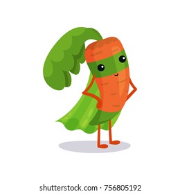 Cartoon superhero carrot character standing confidence with arms akimbo in comics costume