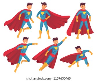 Cartoon superhero character. Muscular male standing in super cool pose fight in superheroes costume with waving cloak brave man wind flying cape. Hero chest mascot suit vector isolated icon collection