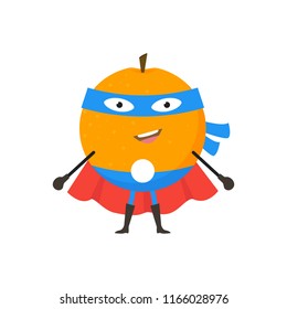 Cartoon Superhero Character Orange Vegetarian Superpower Concept Element Flat Design Style. Vector illustration of Icon Mandarine