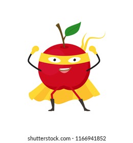 Cartoon Superhero Character Red Apple Vegetarian Superpower Concept Element Flat Design Style. Vector illustration of Icon