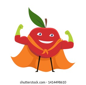 Cartoon Superhero Character Red Apple Vegetarian Superpower Concept Element Flat Design Style. Vector illustration of Icon.