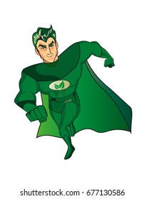 A cartoon superhero character running with a green cape and costume and an leafs symbol on his chest.Isolated on white.