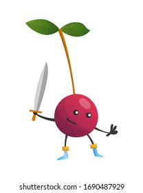 Cartoon superhero chery. Fruit with sword. Cute