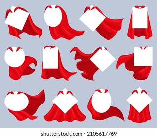 Cartoon superhero cloaks with posters, scarlet capes covers. Hero fabric cloaks with blank badges vector illustration set. Red super heroes cloaks. Illustration of cloak cape superhero with poster