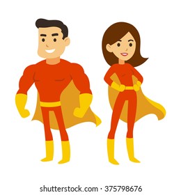 Cartoon Superhero Couple, Man And Woman In Red Costumes With Capes. Cute Super Hero Vector Illustration.