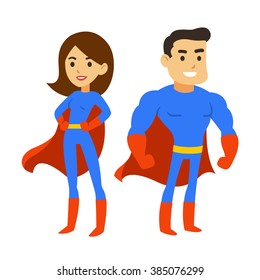 Cartoon Superhero Couple, Man And Woman In Comic Book Costumes With Capes. Cute Super Hero Vector Illustration.