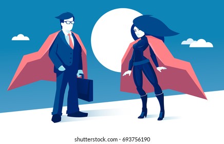 Cartoon superhero couple, man and woman with capes. Super hero vector illustration.