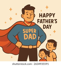 Cartoon superhero dad with kids illustration for Father’s Day. Bold, loving, and fun artwork ideal for holiday cards, parenting content, posters, and celebrating dad as a family hero.