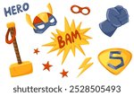 Cartoon superhero elements. Halloween stickers with a superman mask, hammer, shield, stars, fist, light, hero symbols vector set. Illustration of Halloween childish heroic prints