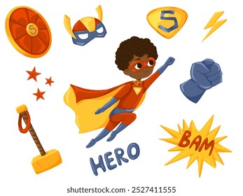 Cartoon superhero elements. Halloween stickers with a superhero boy character, mask, hammer, shield, stars, fist, hero symbols vector set. Illustration of a child in a Halloween hero costume