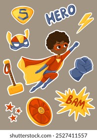 Cartoon superhero elements. Halloween stickers with a superhero boy character, mask, hammer, shield, stars, fist, hero symbols vector set. Illustration of a child in a Halloween hero costume