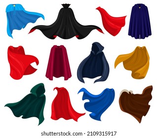 Cartoon superhero or fairytale fabric cloaks, mantle and capes isolated vector illustration set. Hero costume