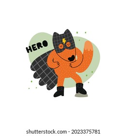 Cartoon superhero fox illustration. Vector hand drawn art. Little cartoon animal.