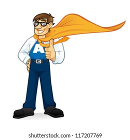 Cartoon superhero geeks businessman smiling friendly and thumbs-up wearing formal dress with a shirt open to reveal its name symbol and wear cape blowing in the wind
