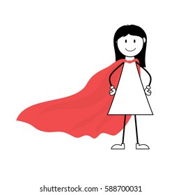 Cartoon superhero girl stick figure with red cape