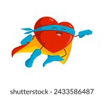 Cartoon superhero heart character. Isolated vector strong Heartman super hero, Valentines day heroic personage in red cape and blue mask flying with raised fist, his power emanates love and compassion
