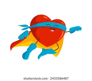 Cartoon superhero heart character. Isolated vector strong Heartman super hero, Valentines day heroic personage in red cape and blue mask flying with raised fist, his power emanates love and compassion