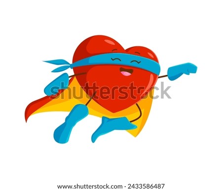 Cartoon superhero heart character. Isolated vector strong Heartman super hero, Valentines day heroic personage in red cape and blue mask flying with raised fist, his power emanates love and compassion