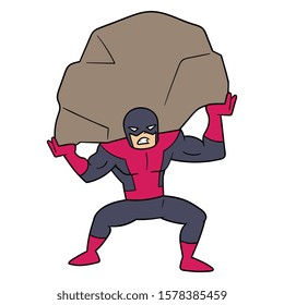 Cartoon Superhero Holding Up a Boulder