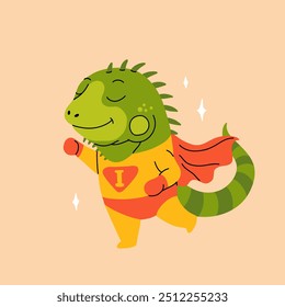 Cartoon superhero iguana, exotic tropical reptile for Halloween costume party, cute baby lizard illustration