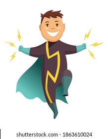 Cartoon superhero kid character. Joyful kid wearing super hero costume with comic cloak for brave recreation. Isolated on white background