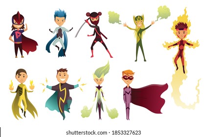 Cartoon superhero kids characters. Joyful kid wearing super hero costume with mask and comic cloak for brave recreation. Set of cartoon characters isolated on white background