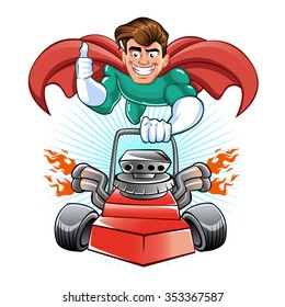 Cartoon superhero with lawn mower