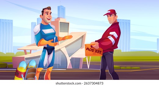 Cartoon superhero man meets delivery worker in modern city - blue costumed hero talks with post courier holding orange box near futuristic building. Urban scene with champion receiving package.