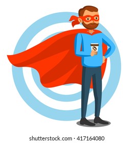 Cartoon superhero man in red cape, male superhero, programmer superhero. Vector illustration