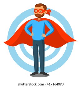 Cartoon superhero man in red cape, male superhero, programmer superhero. Vector illustration