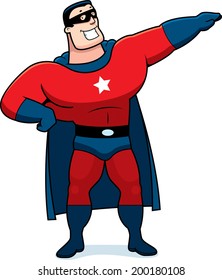 A cartoon superhero man in a red costume.