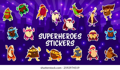 Cartoon superhero nut and legume characters stickers pack. Vector fun and playful pecan, peanut, pistachio and cashew, almond, chestnut, pumpkin and sunflower seeds comic personages in dynamic poses