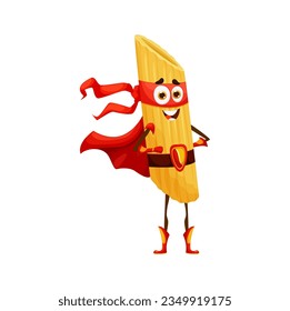 Cartoon superhero pasta character, penne in super hero costume, vector funny guardian. Italian pasta in superhero power cape and red mask, food character of guardian defender