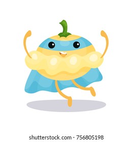 Cartoon superhero pattypan squash character in blue cape, mask and pants ready to fight