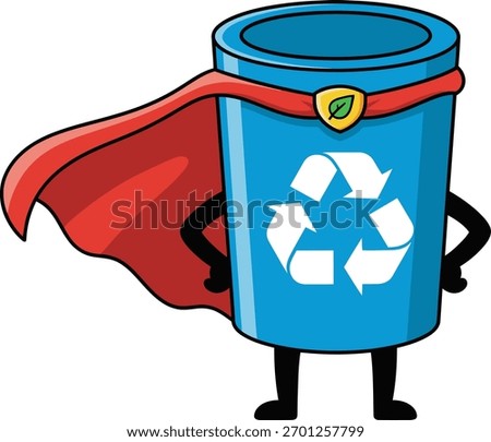 Cartoon superhero recycle bin character symbolizing eco power, green energy, recycling awareness and sustainability in modern environmental storytelling illustration
