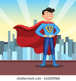 Cartoon superhero in red cape. Man in colorful hero costume on light city background. Vector illustration