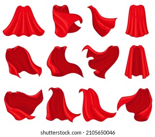 Cartoon superhero red cloaks, scarlet mantle capes. Silk superhero cloak costume, scarlet hero capes vector illustration set. Superhero red textile cloaks. Costume fabric superhero, mantle cloak