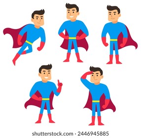 Cartoon superhero set, man in blue and red costume with cape in different poses. Cute comic hero character vector illustration.