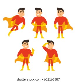 Cartoon superhero set, man in red costume with cape in different poses. Cute super hero character vector illustration.