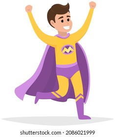 Cartoon superhero smiles and hurries to save world. Brave character in super yellow costume with purple cloak and emblem running on white background. Strong savior protects people from villains